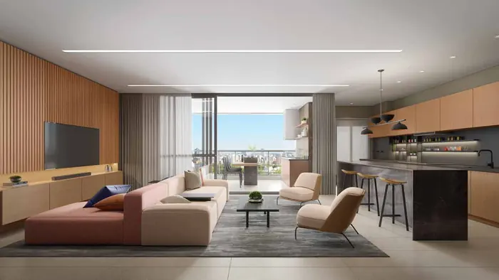 Perspectiva artística do living ampliado do apartamento de 115,71 m²
