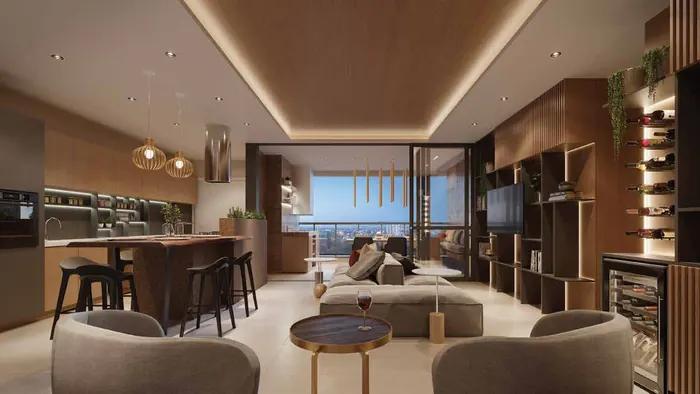 Perspectiva artística do living ampliado do apartamento de 117,43 m²