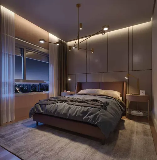 Perspectiva artística da suíte master do apartamento de 117,43 m²