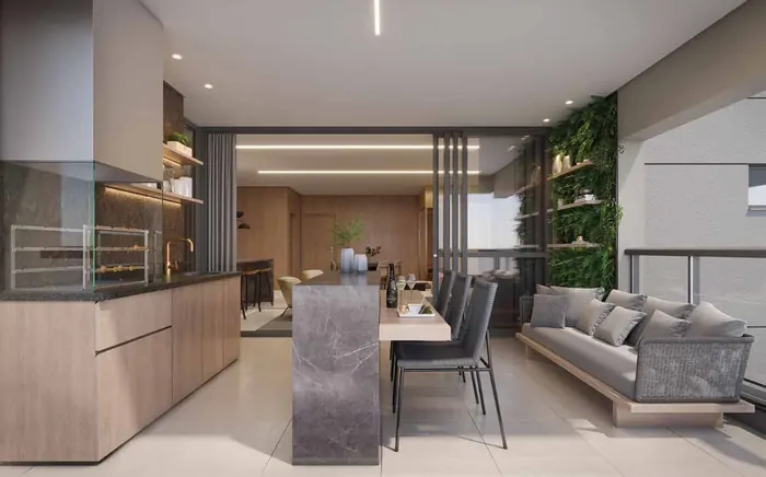 Perspectiva artística da varanda gourmet do apartamento de 115,71 m²