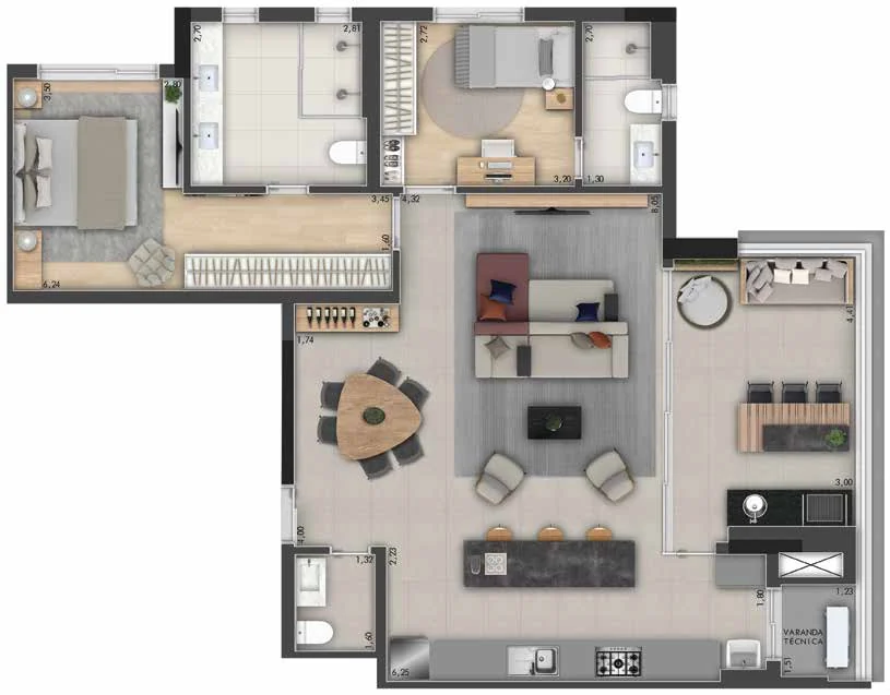 Planta do decorado, 2 suítes com living ampliado, 115,71 m² de área privativa