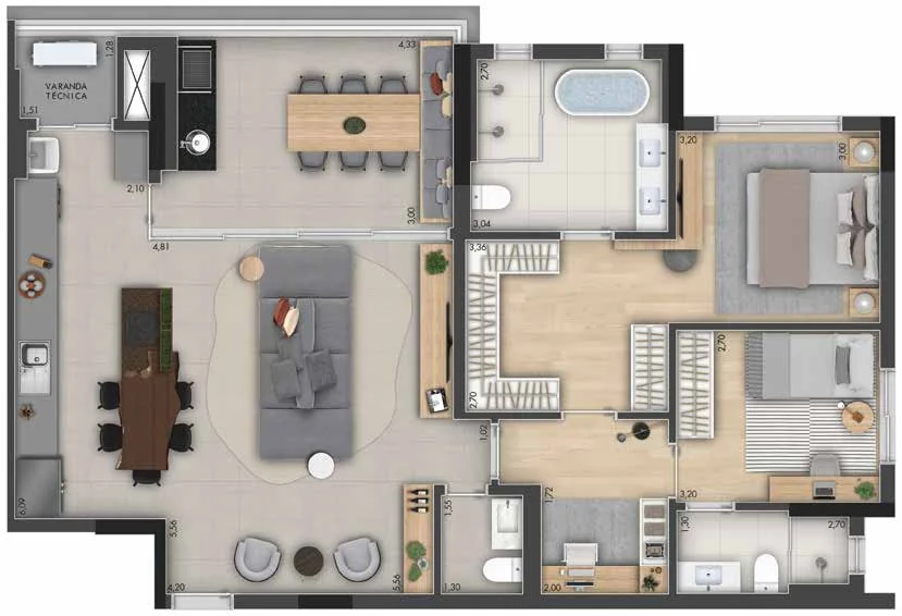 Planta do decorado, 2 suítes com living ampliado, 117,43 m² de área privativa