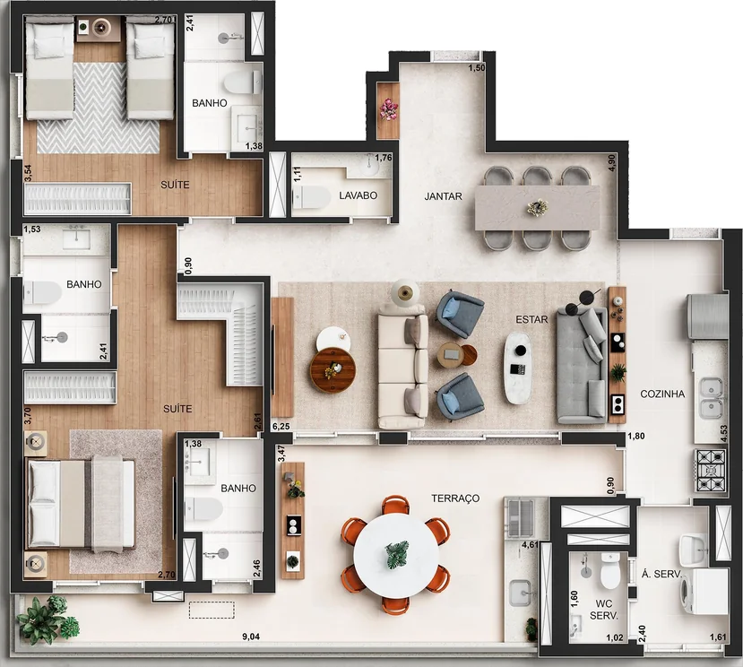 Planta opção do Yard Cambuí, 126 m² com 2 suítes e sala ampliada