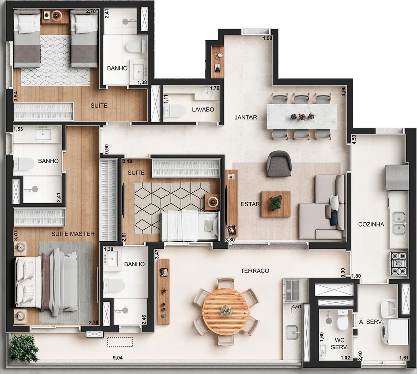 Planta tipo do Yard Cambuí, 126 m² com 3 suítes