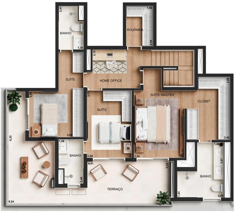 Planta do duplex de 221 m² do Yard Cambuí, pavimento inferior