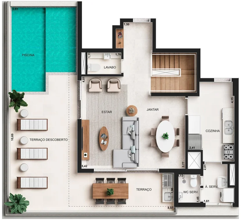 Planta do duplex de 221 m² do Yard Cambuí, pavimento superior