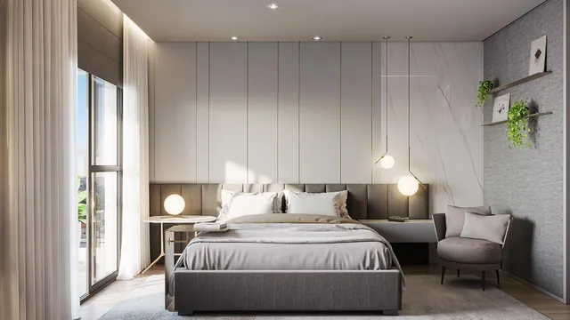 Perspectiva artística da suíte máster do apartamento decorado