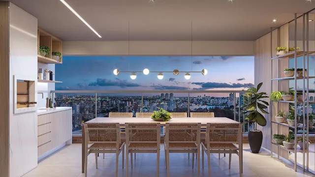 Perspectiva artística do terraço com mesa de jantar e vista da cidade